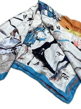 Christian Lacroix Turquoise Border Silk Scarf with Multicolor Illustration